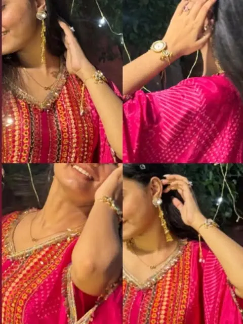 Festive look styled with D'Lure earrings and a bracelet watch