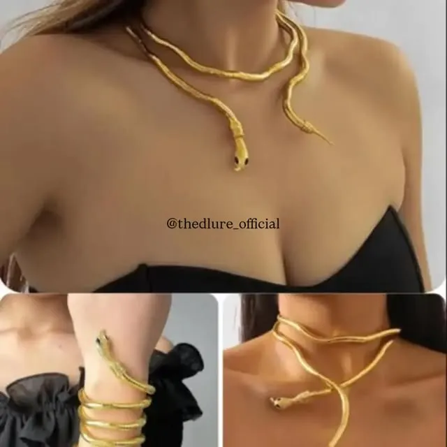 The D'Lure serpent wrap collar worn with a black top